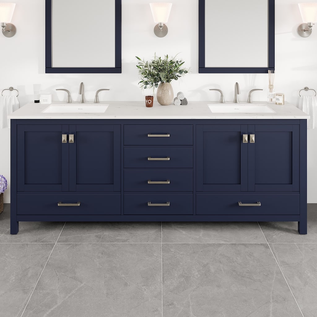 Aberdeen 72"W Blue DS Bath Vanity with Carrara Quartz Top & Undermount Sinks
