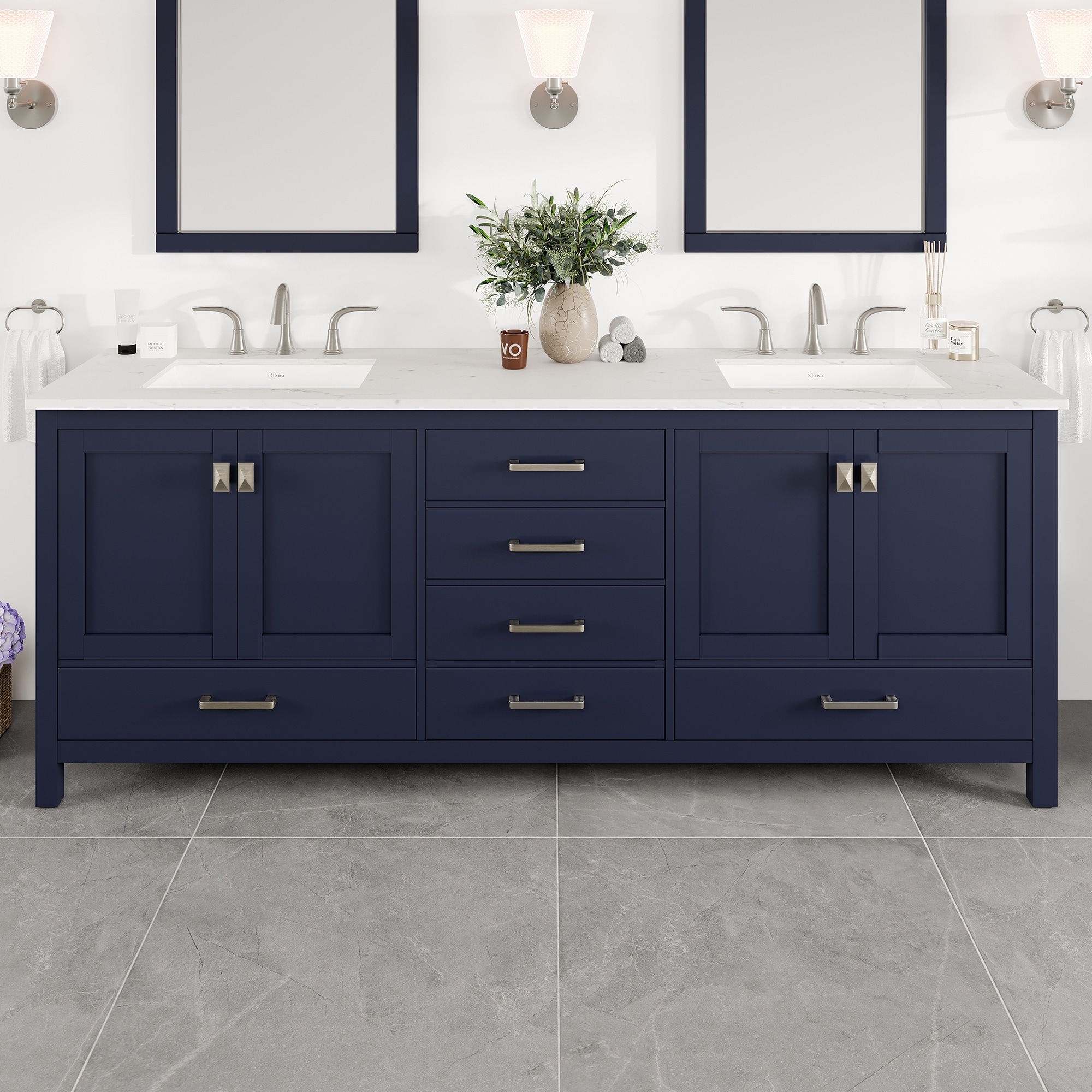 Aberdeen 72"W Blue DS Bath Vanity with Carrara Quartz Top & Undermount Sinks