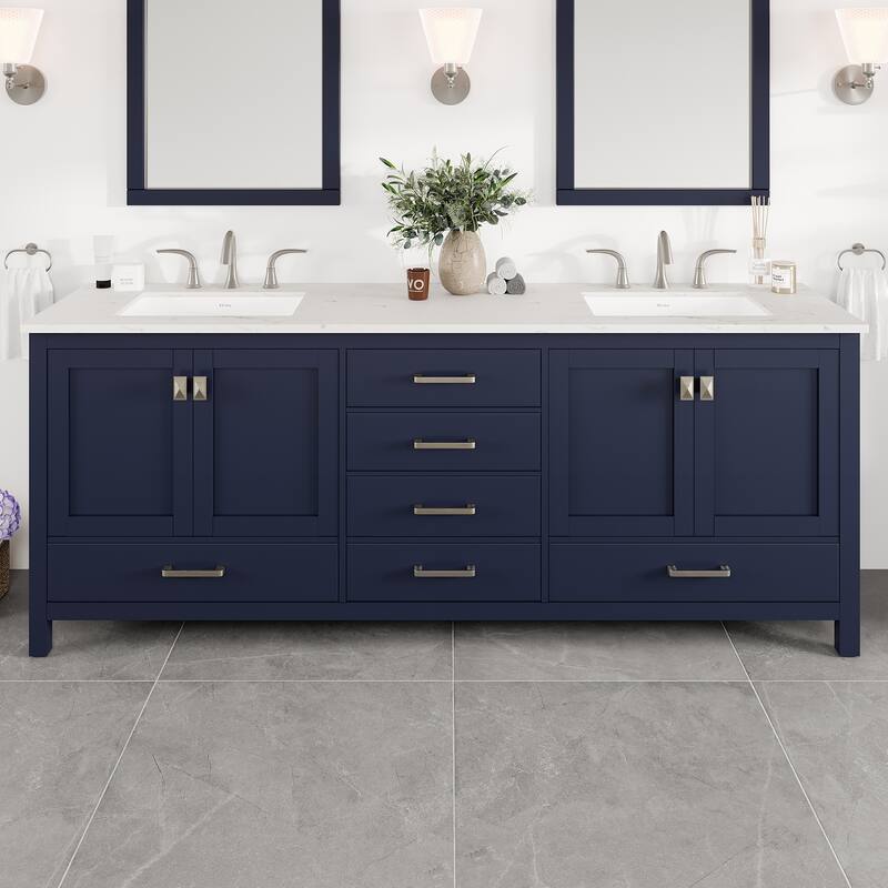 Aberdeen 78"W Blue DS Bath Vanity with Carrara Quartz Top & Undermount Sinks