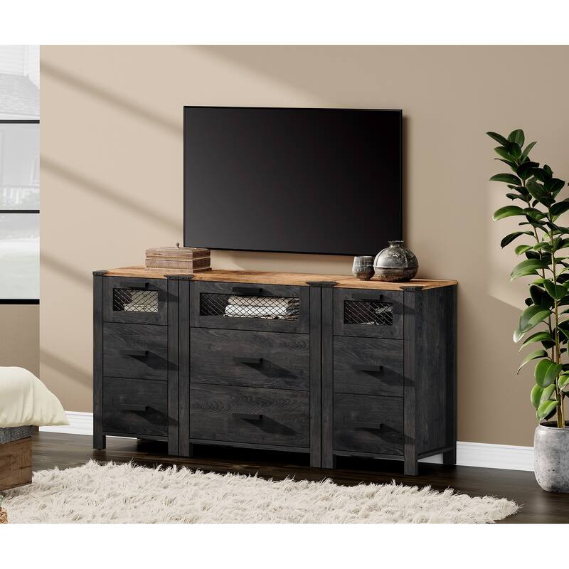 WAMPAT TV Stand with 9 Drawers, Dresser Cabinet with Storage Organizer Units ,Chest Tower with Mesh Door - 1 Pack