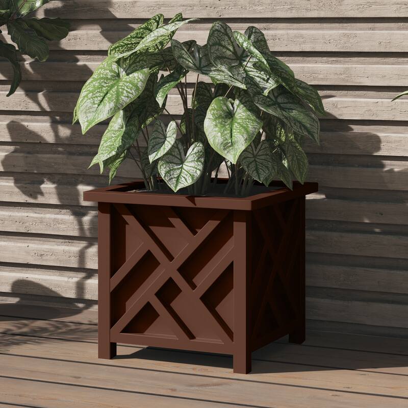 Lattice Design Planter Box - 15.5-Inch-Square Decorative Outdoor Flower or Plant Pot by Pure Garden (Brown) - Brown