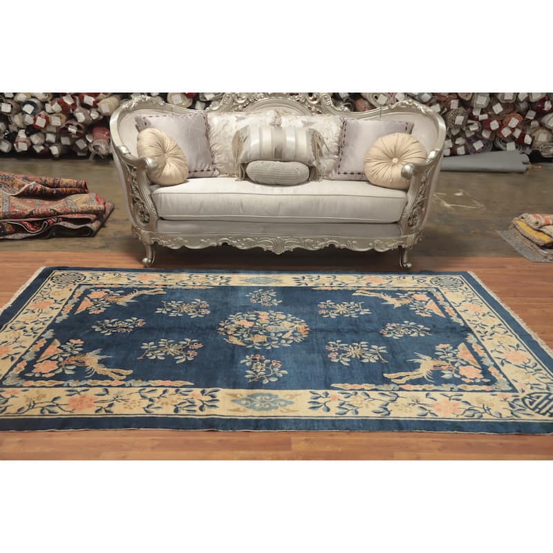 Hand Knotted Oriental 100% Wool Carpet Traditional Floral Navy Blue & Blues Art Deco Area Rug - 8' 9'' X 5' 10''