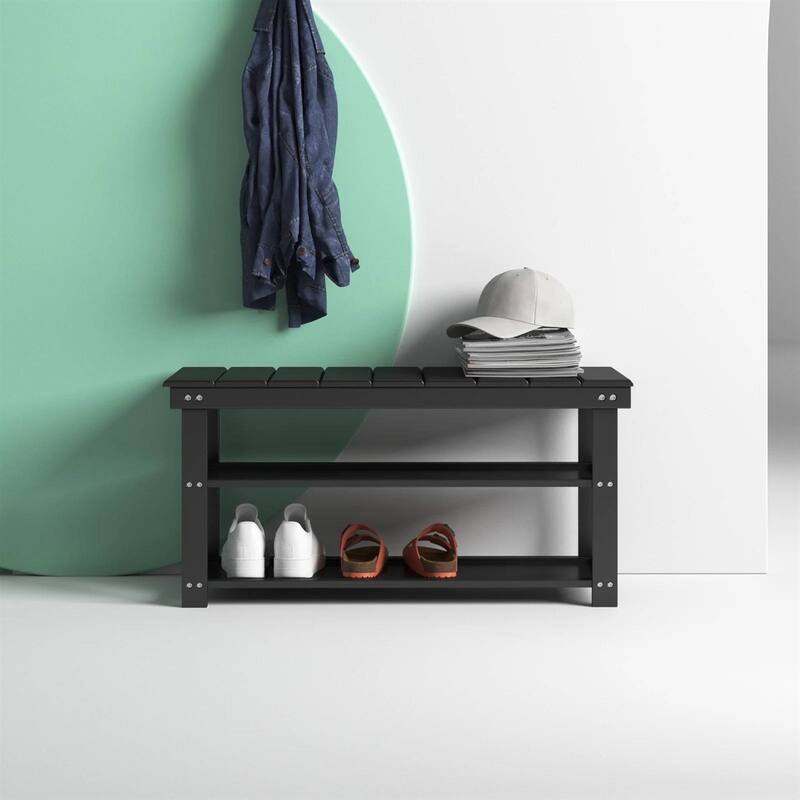 Modern Solid Wood Shoe Storage Bench with 2 Shelves for Entryway Seating and Organized Closet Space - 35.5”L x 12”W x 17”H