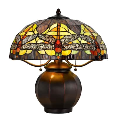 Table Lamp with Tiffany Shade and Metal Jar Base, Multicolor
