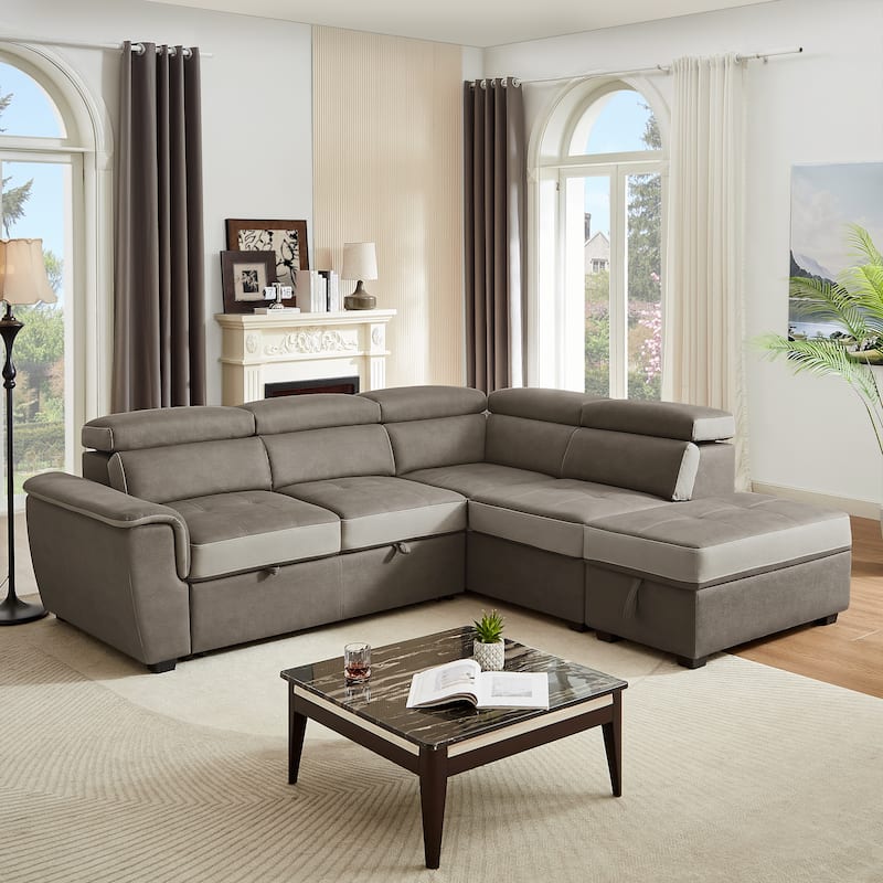 L Shaped Sectional Sofa with Pull Out Bed and Storage Compartment