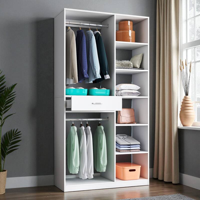 Freestanding Closet System Stand-Alone Wardrobe with 6 Open Shelves 1 Drawer and 2 Hanging Rods 74.8" Wood Closet Organizer - White