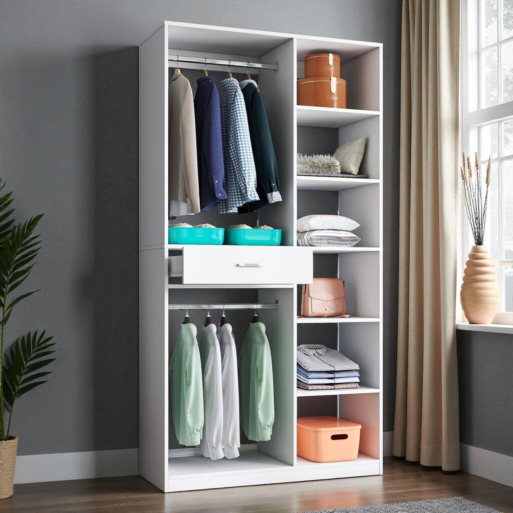 Freestanding Closet System Stand-Alone Wardrobe with 6 Open Shelves 1 Drawer and 2 Hanging Rods 74.8" Wood Closet Organizer