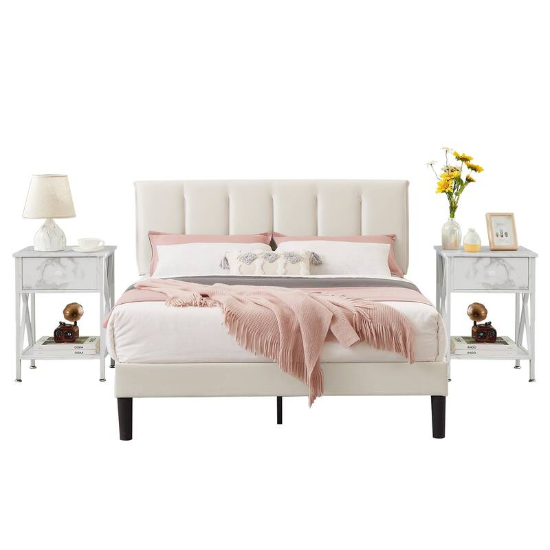 VECELO 3-Pieces Tufted Upholstered Beige Platform Bed Frame with Adjustable Height Headboard and Nightstands Set of 2