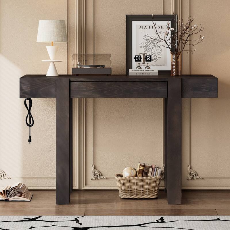Modern 47.2" Wooden Console Table with Hidden Drawer and Side Power Outlet for Entryway or Living Room - Espresso
