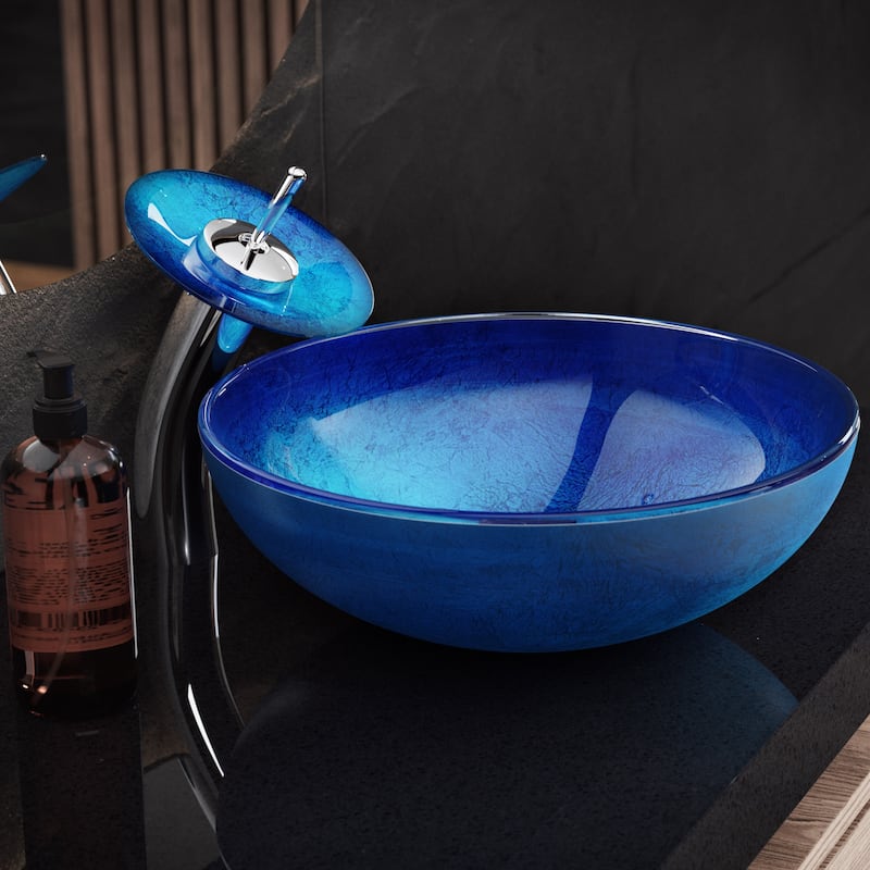 Vincennes 16.5 Glass Vessel Sink With Faucet, Ocean Blue - 16.55" x 16.55" 5.7"