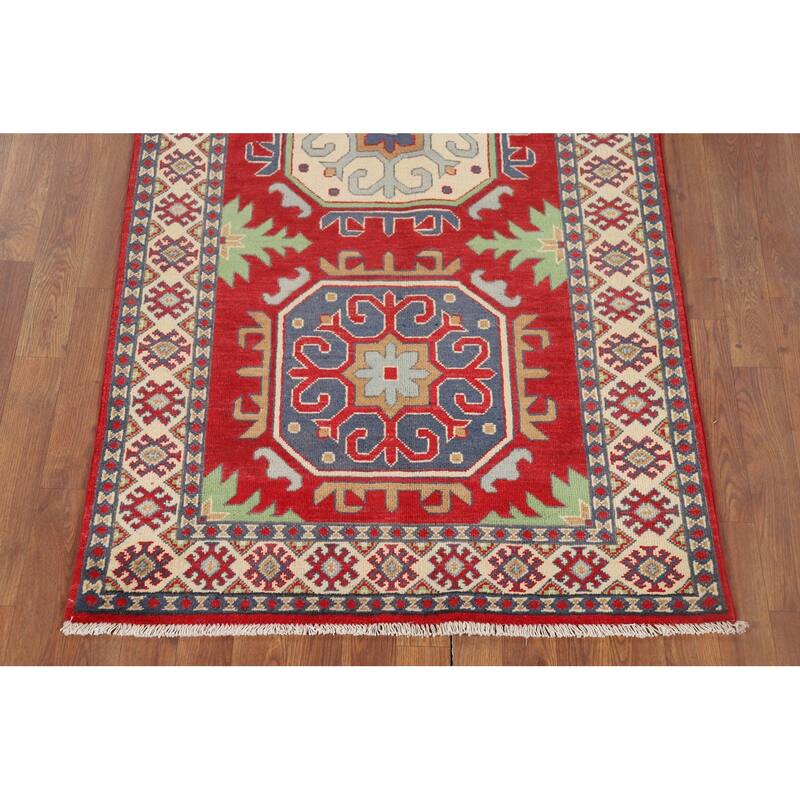 Geometric Red Kazak Oriental Runner Rug Hand-Knotted Wool Carpet - 3'4" x 6'7"