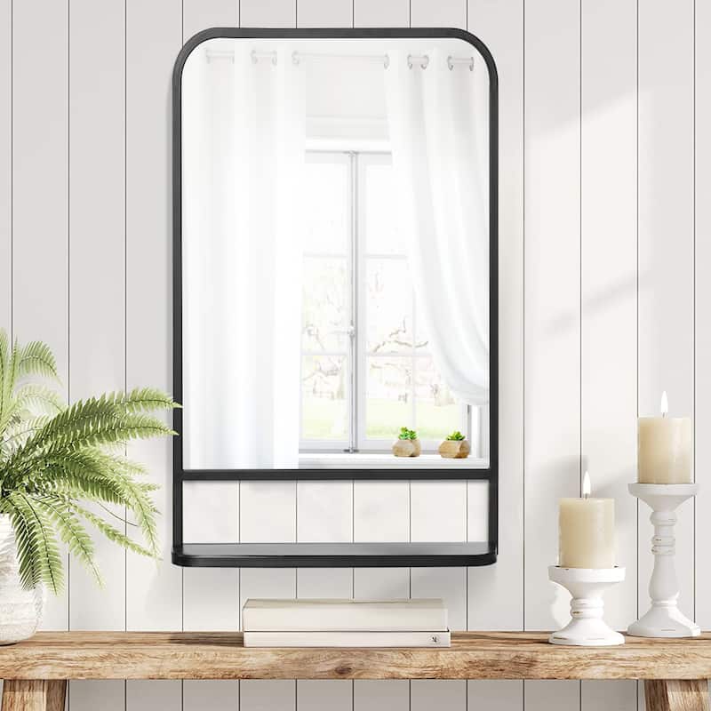 Black Metal Wall Mirror with Rounded Corners and Storage Shelf - 34" L x 21" W x 4" D - Black
