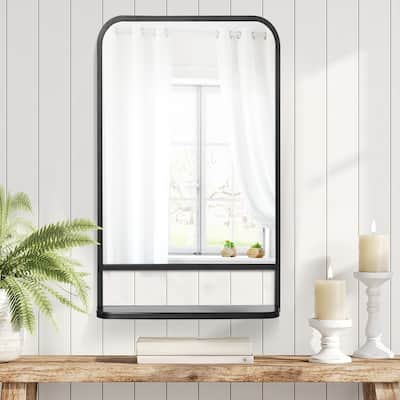 Black Metal Wall Mirror with Rounded Corners and Storage Shelf - 34" L x 21" W x 4" D