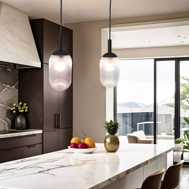 Teen Black Modern Pendant Light with Ribbed Glass Shade - Black