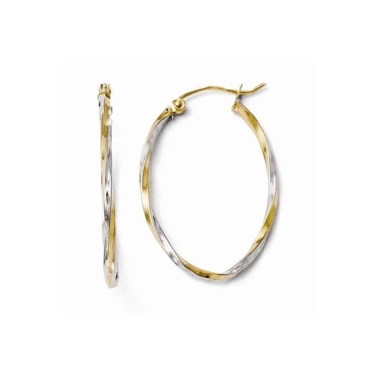 10k Two-tone Gold Swirl Oval Long Hoop Earrings - White