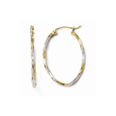 10k Two-tone Gold Swirl Oval Long Hoop Earrings - White