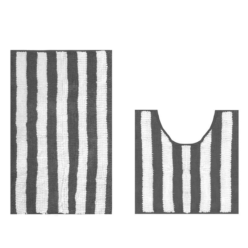 2 Piece Set Charcoal Grey White Stripe Soft Cozy Plush Chenille Bath Mat Bathroom Rug
