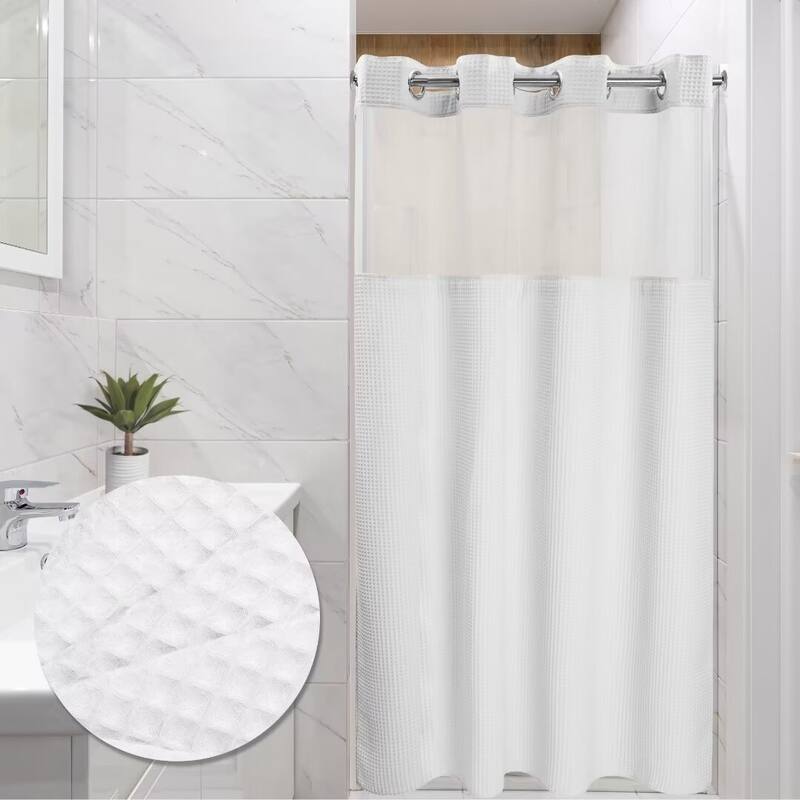 Cotton Blend Honeycomb Waffle Weave Shower Curtain with Snap-in Liner