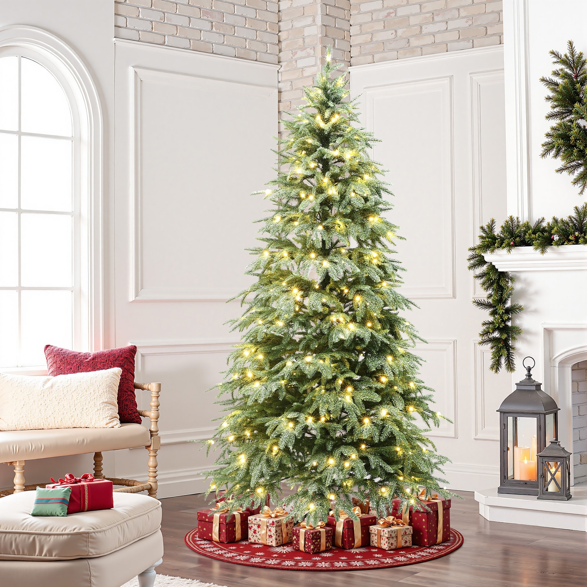 6.5Ft Pre-Lit Green PE Branches Artificial Spruce Christmas Tree with Stand - 78" H x 44.4" Diameter