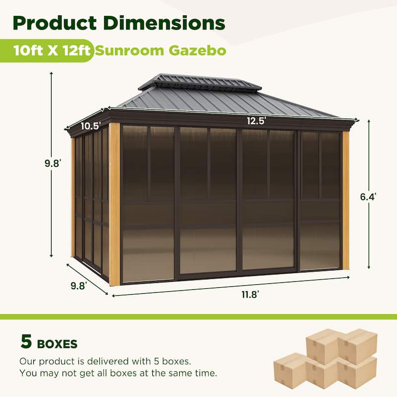 Erommy Outdoor Solarium Sunroom, Patio Hardtop Gazebo, Aluminum Frame Permanent Gazebo with Sliding Doors and Screens