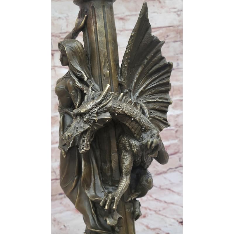 Bronze Fantasy Statue Of Woman With Dragon Column Original Mythical Sculpture