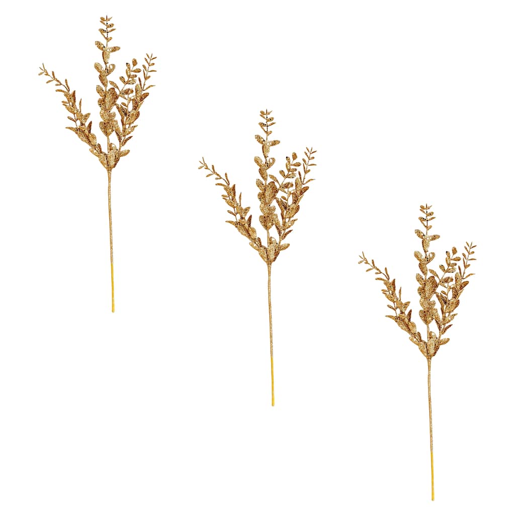 20" Glitter Leaves Spray, Gold, Set of 3 - Gold