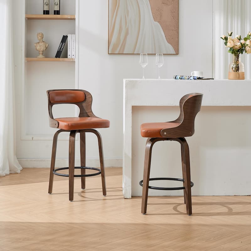 SEYNAR PU Leather 360 Degree Swivel Open Back Bar Stools Wood Legs Set of 2