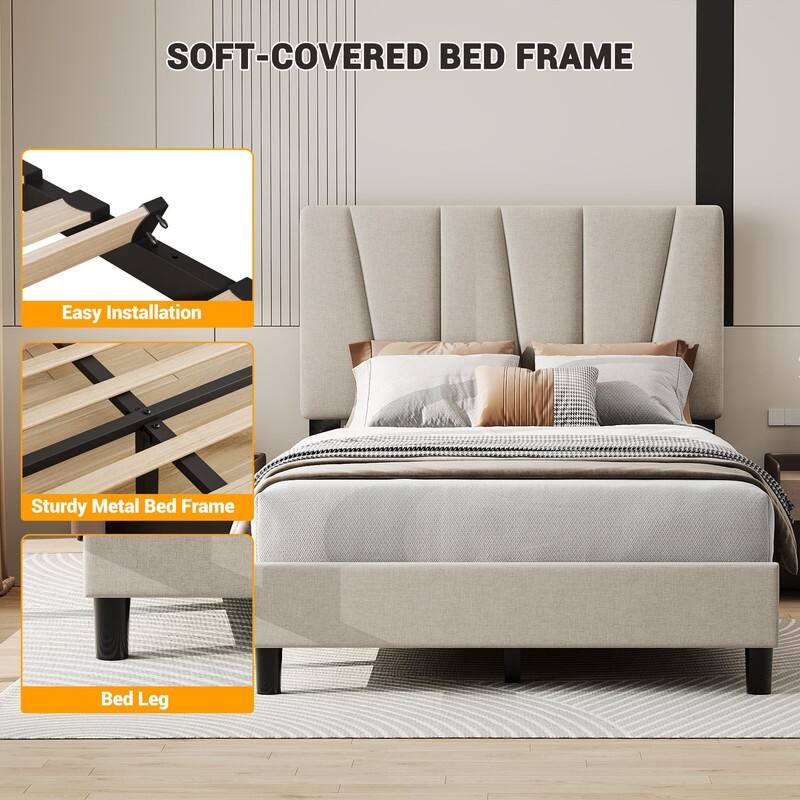 Upholstered Platform Bed with Adjustable Headboard and Slat Support