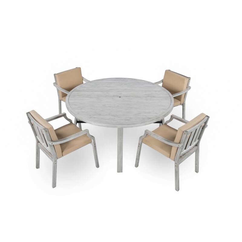 Outdoor Dining Set 4-Person Outdoor Wooden Dining Set with Umbrella Hole and Removable Cushions for Patio, Backyard
