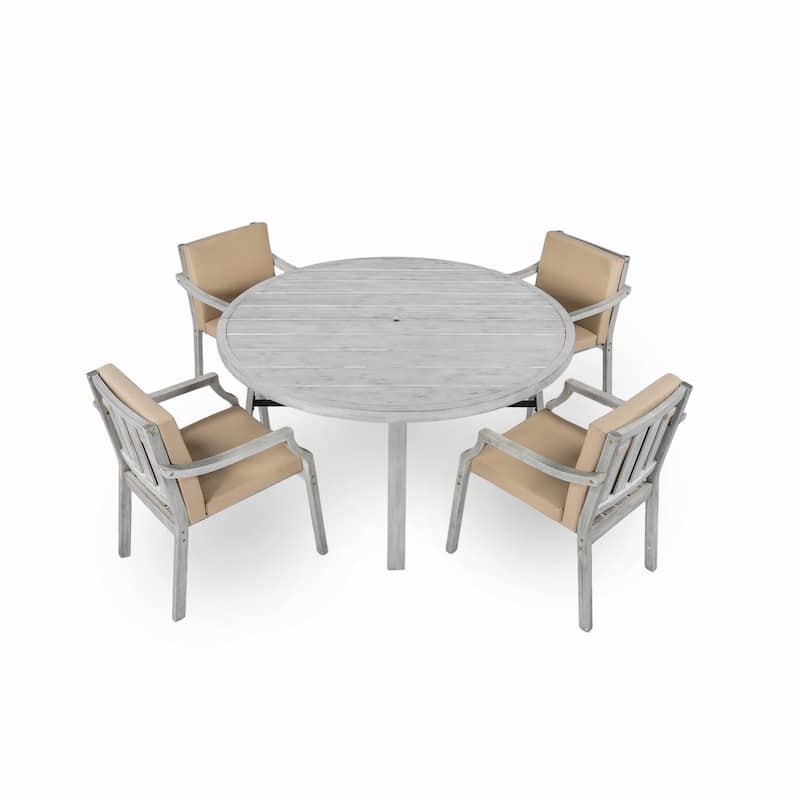 Roomfitters 4-Person Outdoor Wooden Dining Set with Umbrella Hole & Removable Cushions for Patio, Gray