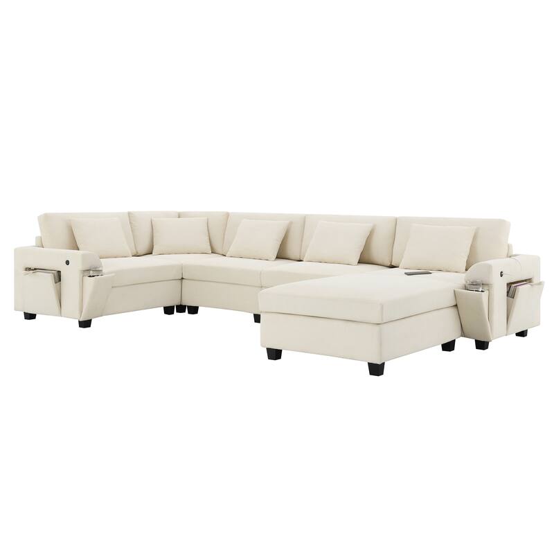 U Shaped Sectional Sofa with Ottoman, Chenille 6 Seater Sofa with Hidden Armrest Storage, Cup Holders & USB Charging Ports