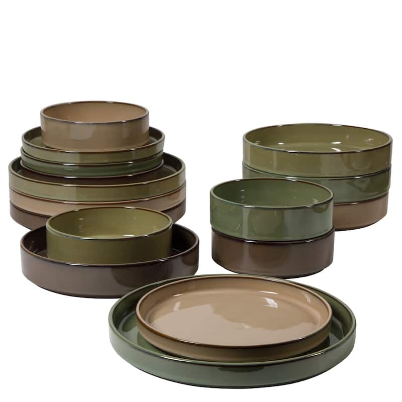 Bloomhouse Santorini Mist 16 Piece Double Bowl Terracotta Reactive Glaze Plates and Bowls Dinnerware Set