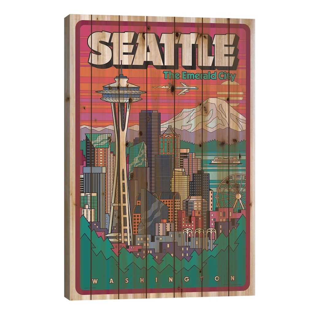 Seattle Pop Art Travel Poster Print On Wood by Jim Zahniser - Multi-Color