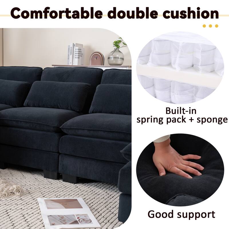 U Shape 111.8"Modern Comfort Combination Sectional Sofa,4-seat Velvet Fabric Upholstered Sofas with Chaise Lounge & Pillows