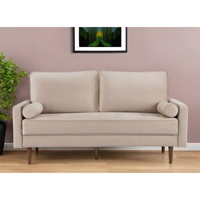 HomeRoots 69" Beige Velvet Sofa And Toss Pillows With Dark Brown Legs - 69