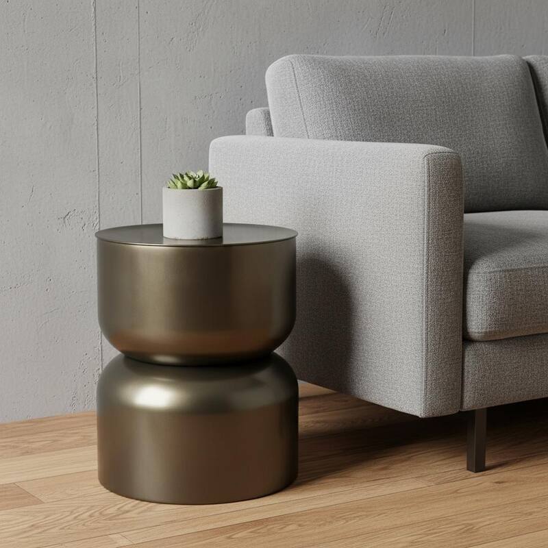 HomeRoots 20" Antiqued Gold Iron Round Cinched Drum End Table - 17.00 in. x 20.00 in. x 17.00 in. - Antiqued Gold - Iron