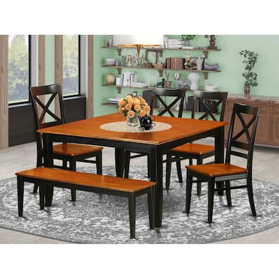 HomeStock 6-Piece Square Black & Cherry Finish Solid Wood Top dining Table with 1-Bench and 4-Chairs with Lattice Back
