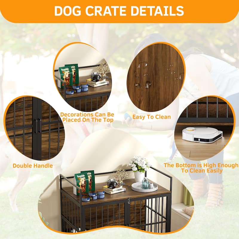 Dog Cage Furniture with Cushion, Dog Kennel Indoor with Rotating Feeder Bowls, Heavy Duty Indoor Cage Kennel