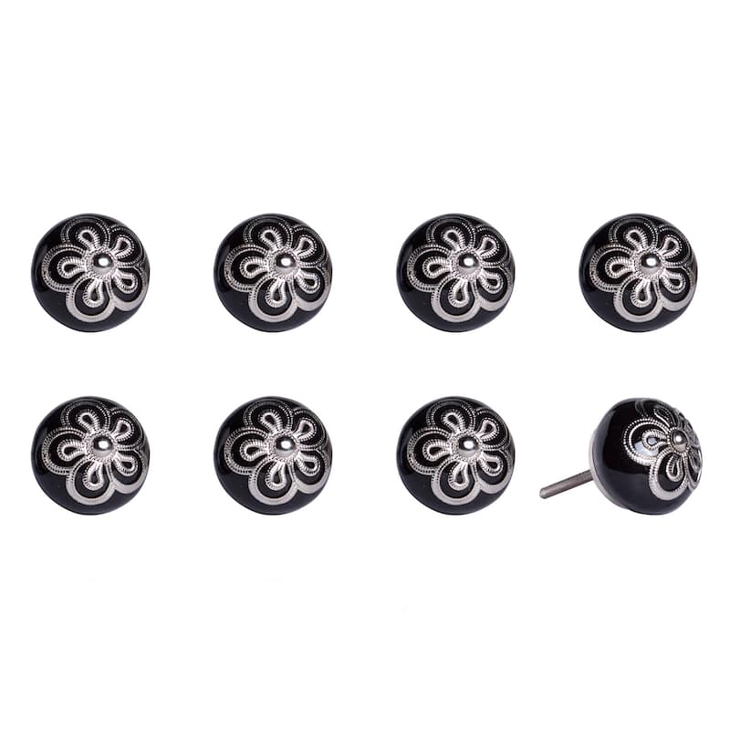 HomeRoots Set of Eight Black And Silver Ceramic And Metal Drawer Pull Knobs - 1.5' X '1.5' X '1.5