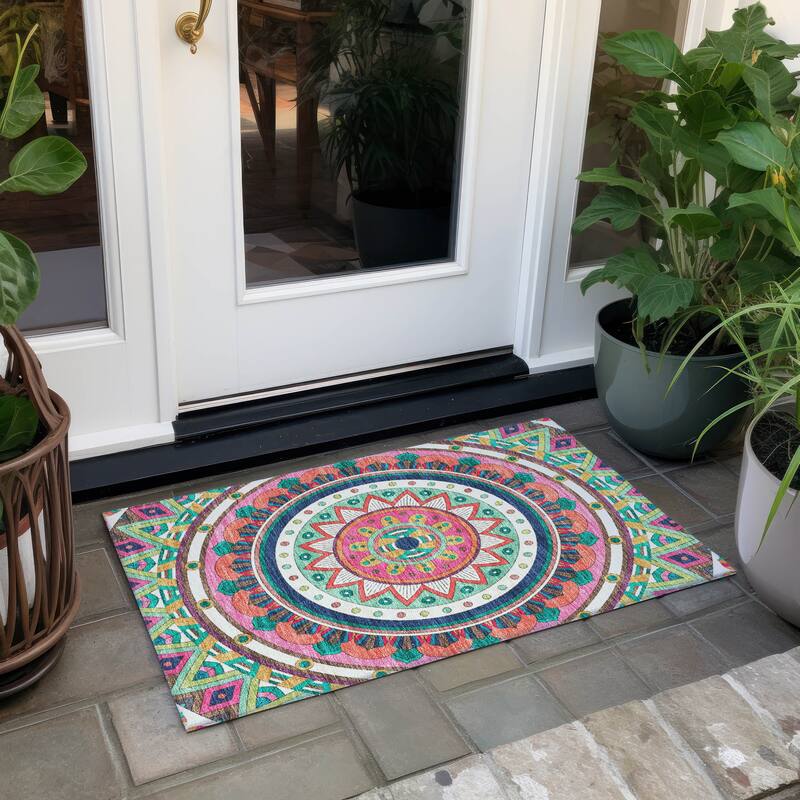 Machine Washable Indoor/ Outdoor Boho Mosaic Chantille Rug - Pink - 1'8" x 2'6"