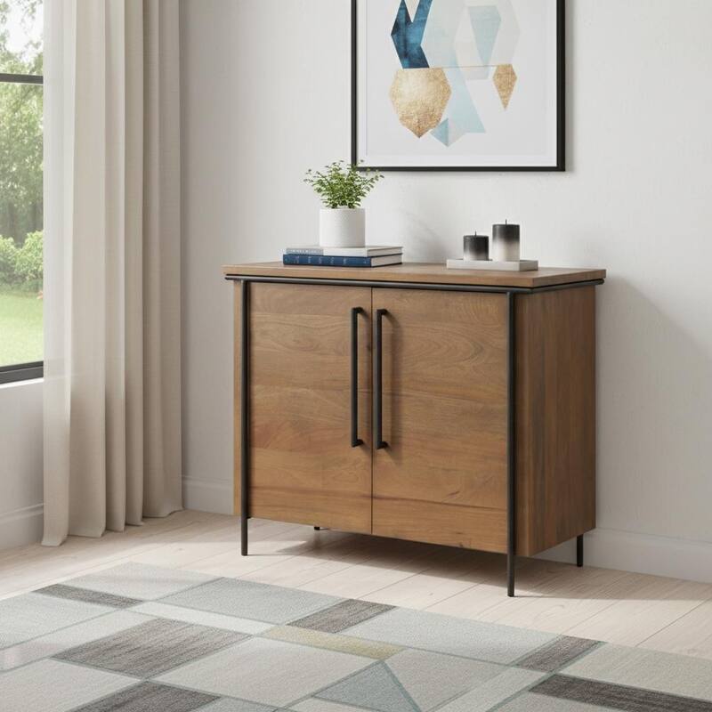 HomeRoots 40" Brown and Black Solid Wood and Metal Accent Cabinet With Two Doors - Brown