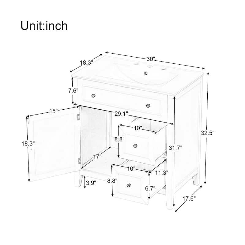 30 in.W Bathroom Vanity Cabinet with Sink Top with Door and 2 Drawers
