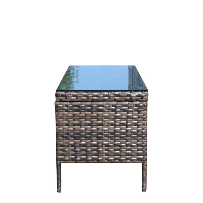 Anmytek Brown Wicker Patio Coffee Table with Tempered Glass Top, Rustic Modern Outdoor Furniture for Garden, Porch & Backyard