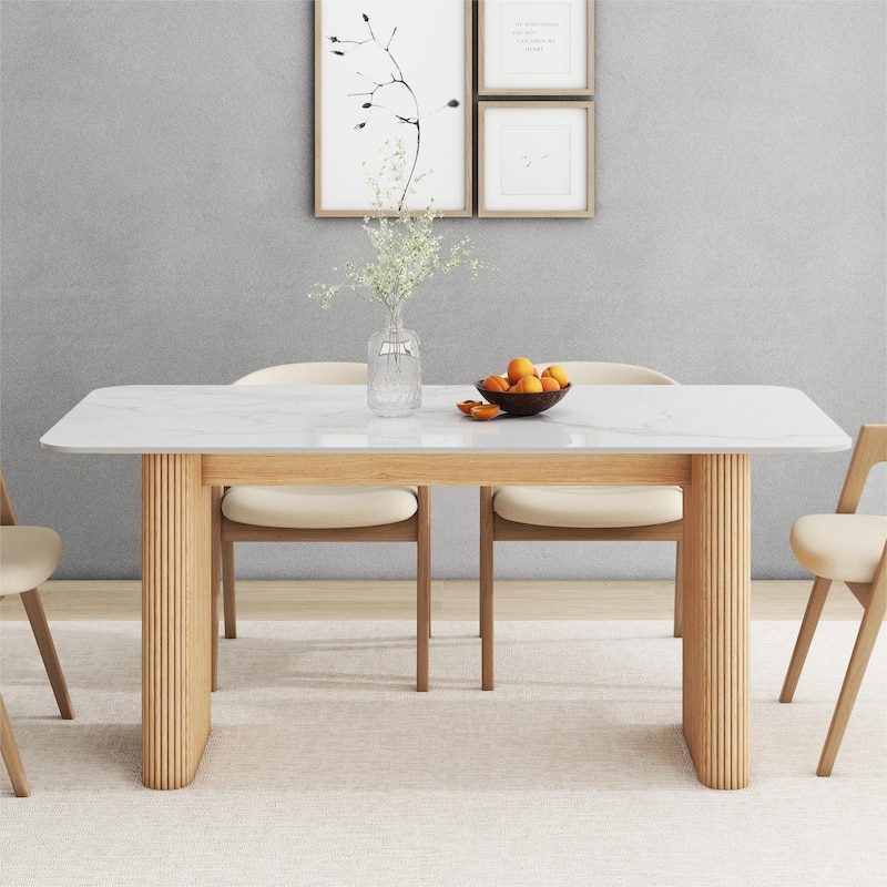Marble Top Dining Table with Pedestal Grain Wood Base - Oak
