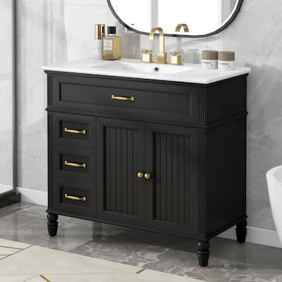 36" Black Bathroom Vanity Cabinet with Sink, with Drawers, Solid Frame and MDF Board