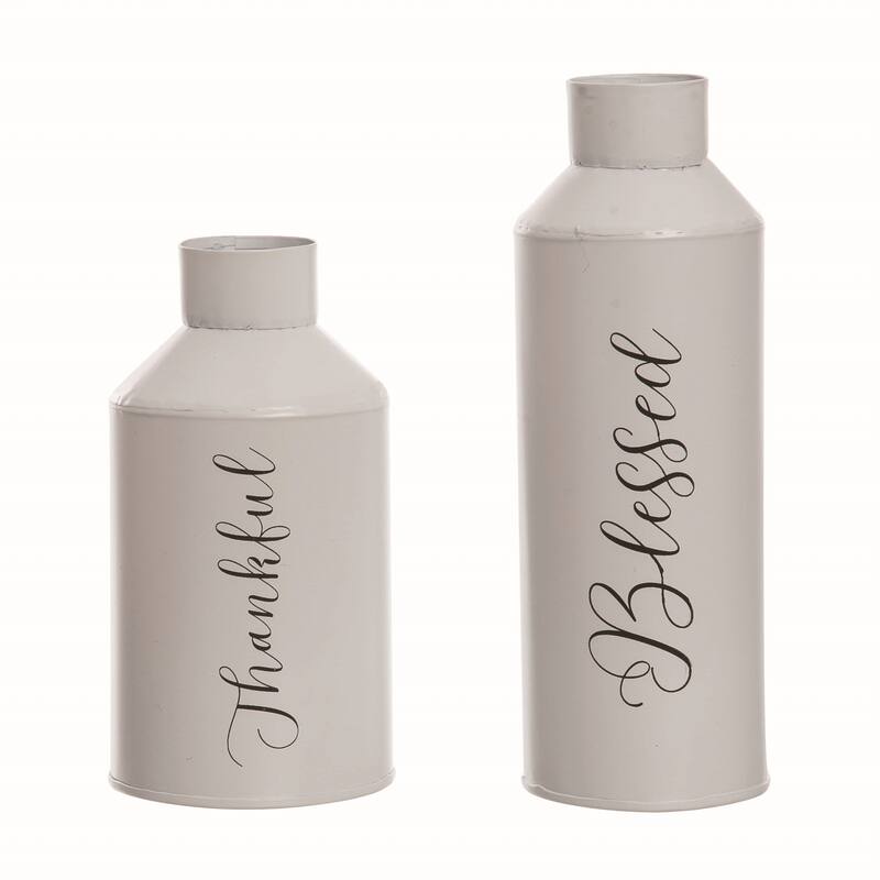 Transpac Metal 6.83 in. White Harvest Rustic Thankful and Blessed Vases Set of 2
