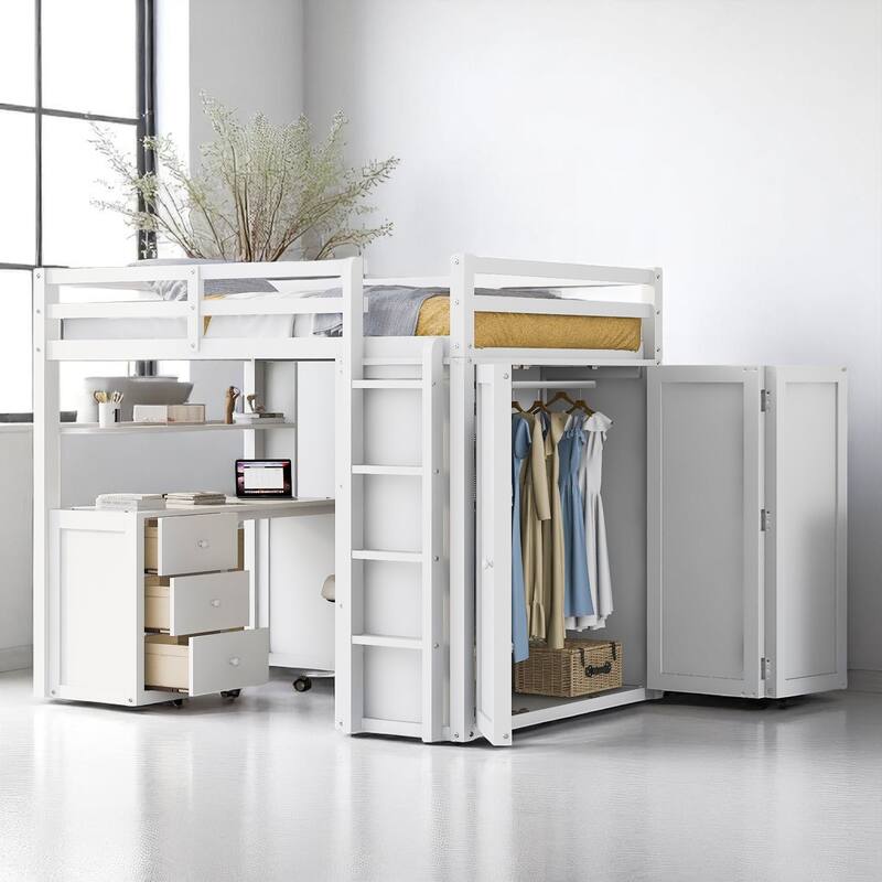 Wooden Twin/Full Loft Bed with Built-in Desk, Wardrobe Closet & Storage Drawers, Guardrail Design