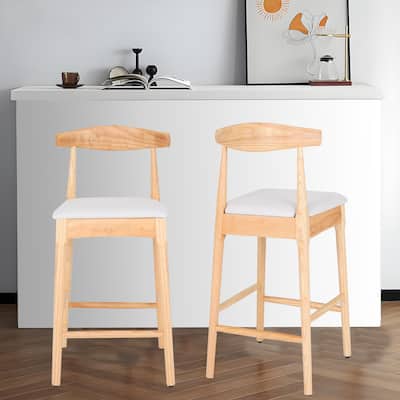 Mid Century Modern Counter Stools 24 Inch Solid Wood Upholstered Natural Beige, set of 2
