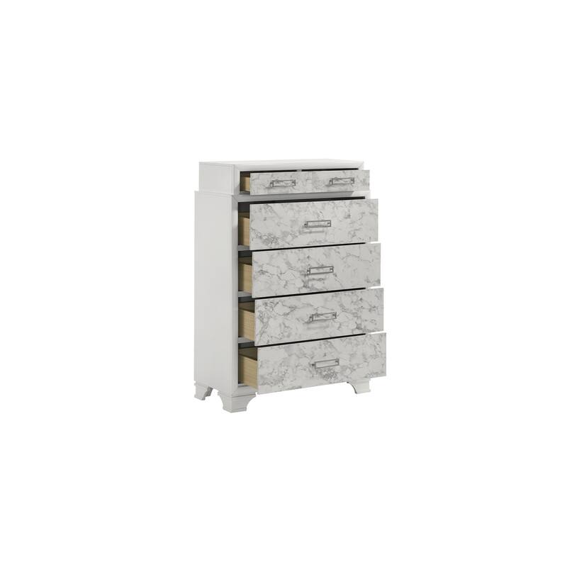 Soul Luxurious 4PC/5PC Bedroom Set - White Finish, Marble Accents, Built-in Lighting, USB-C & Bluetooth Speakers