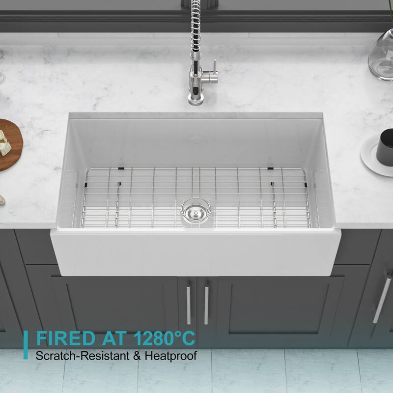 36" White Farmhouse Sink - Kitchen Sink Apron-front White Porcelain Ceramic Single Bowl Kitchen Farm Sinks